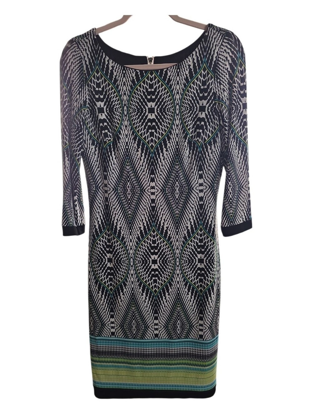 Frank Lyman Design Geometric Print Sheath Dress 3/4 Sleeve Multi-Color